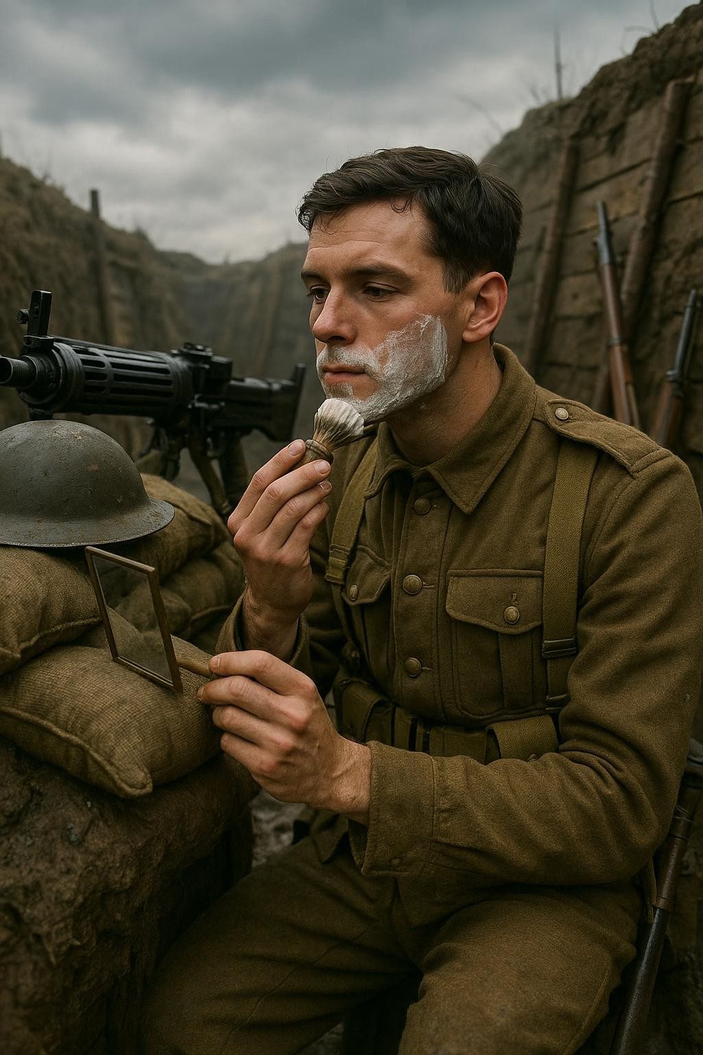 When a Tommy Shaved at His Lewis Gun Post, April 1918